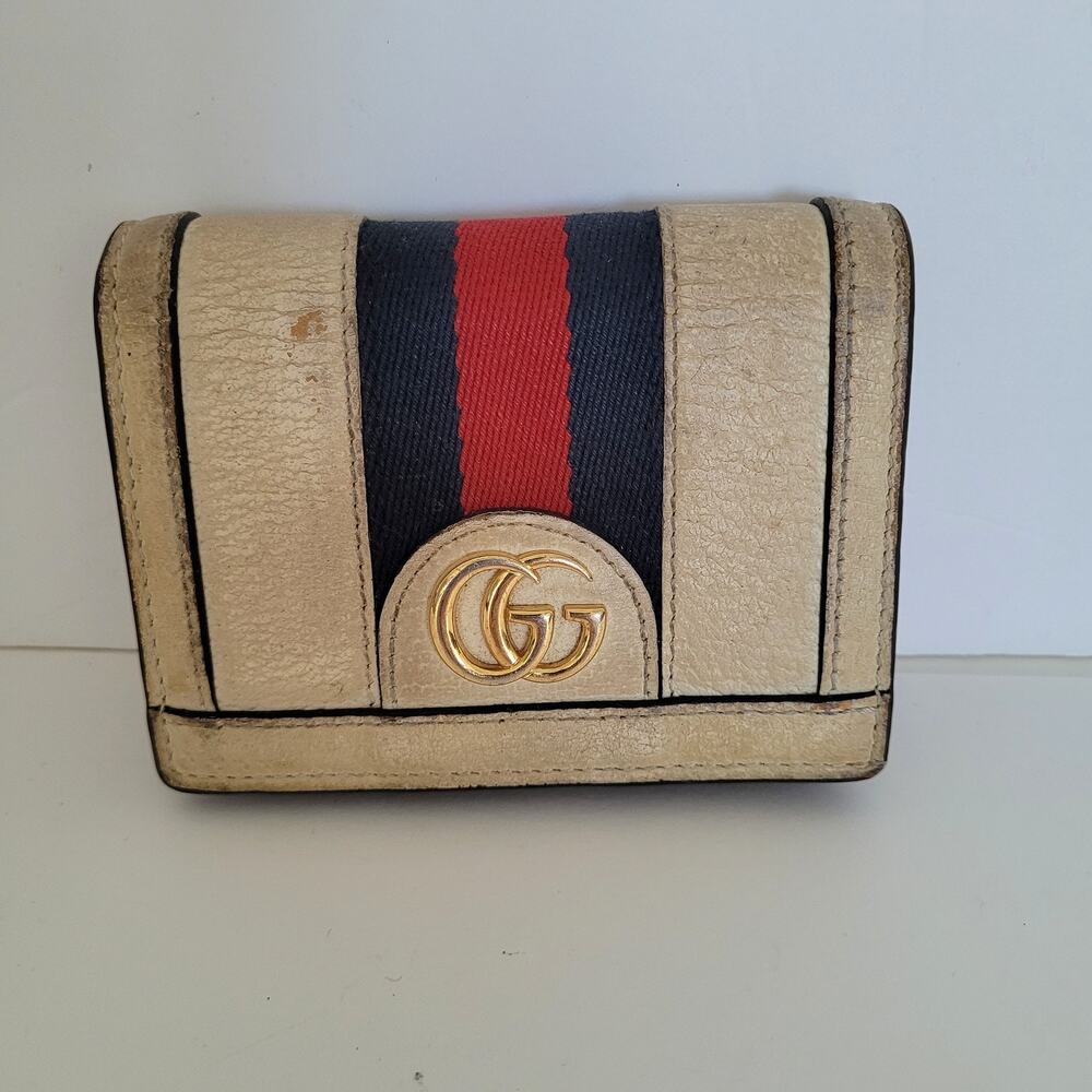 GUCCI Ophidia GG Web Stripe Bifold Wallet Cream Leather Gold-Tone Hardware Italy